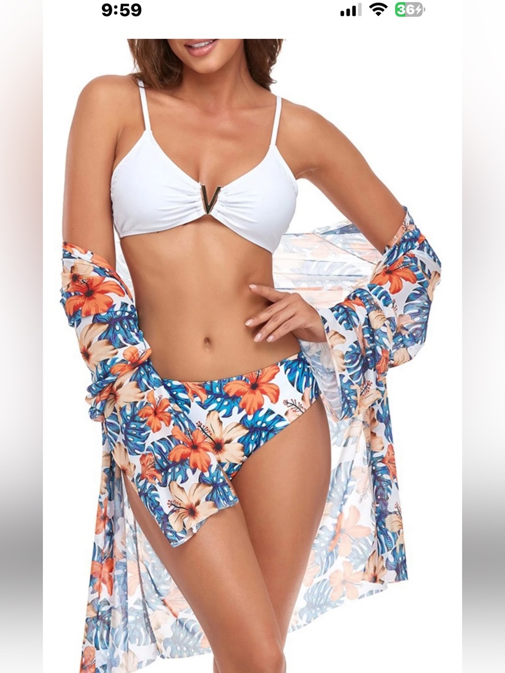 SWIMWEAR 3 Pc Bikini White top w/gold accent, Floral bottom & chamise cover.